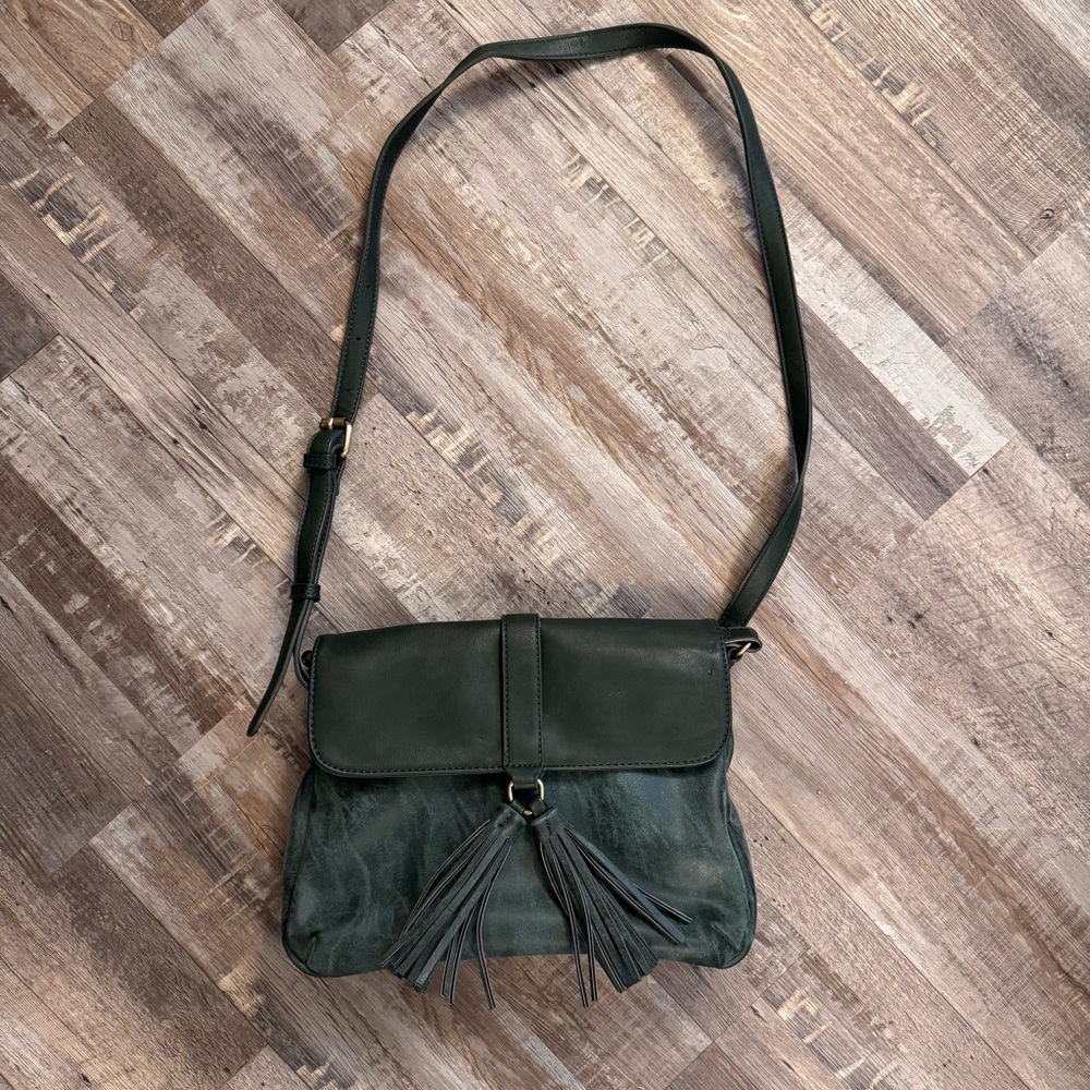 Genuine Leather Green Tassel Crossbody Bag | Suede Foldover | Leopard Lining